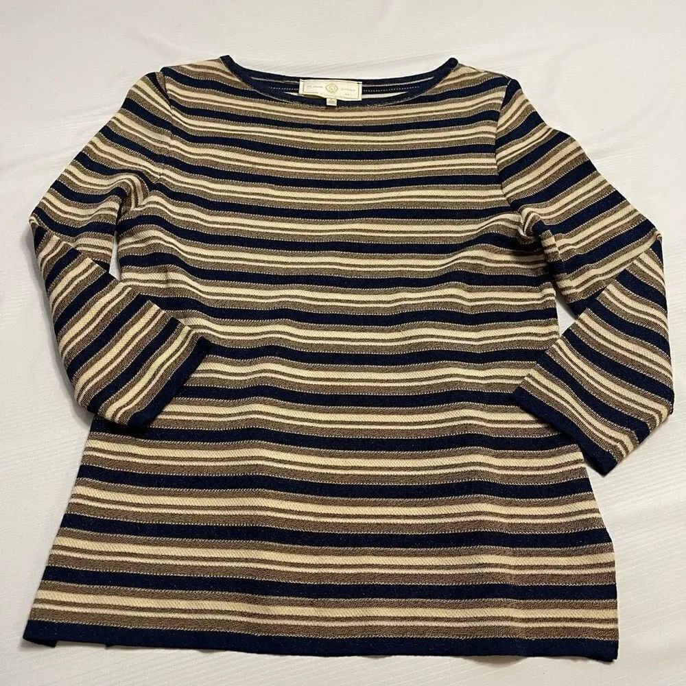 St. John Sport By Marie Gray Santana Knit Blue Bronze Stripe Sweater Sz P Petite